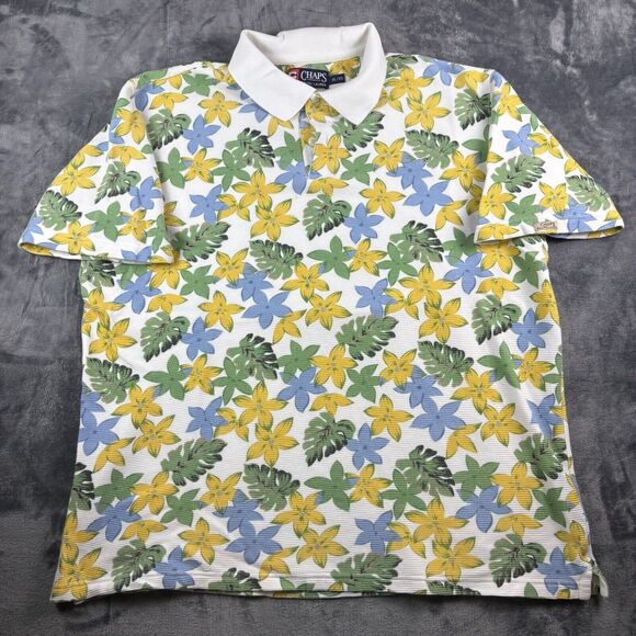 Chaps Ralph Lauren Floral Polo Shirt XL‎ White Colorful Tropical Print Preppy - Picture 1 of 9